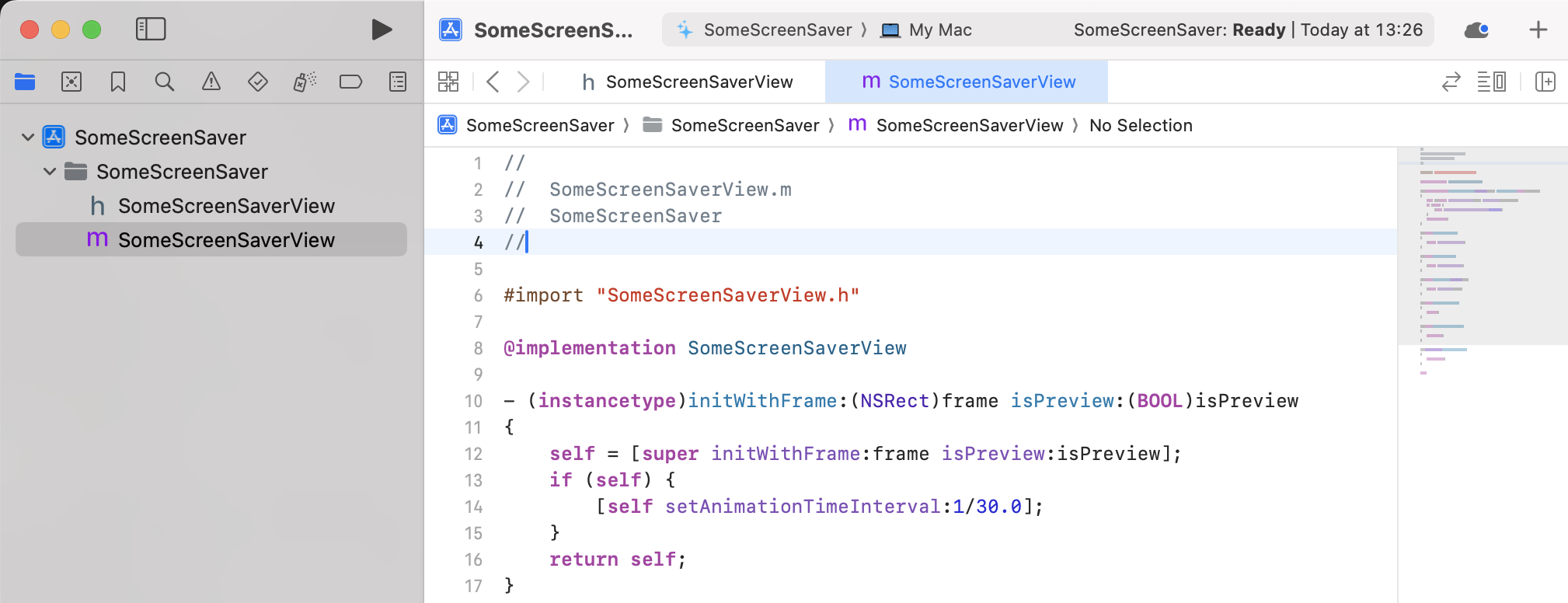 The freshly generated Xcode project with an Objective-C implemented ScreenSaverView